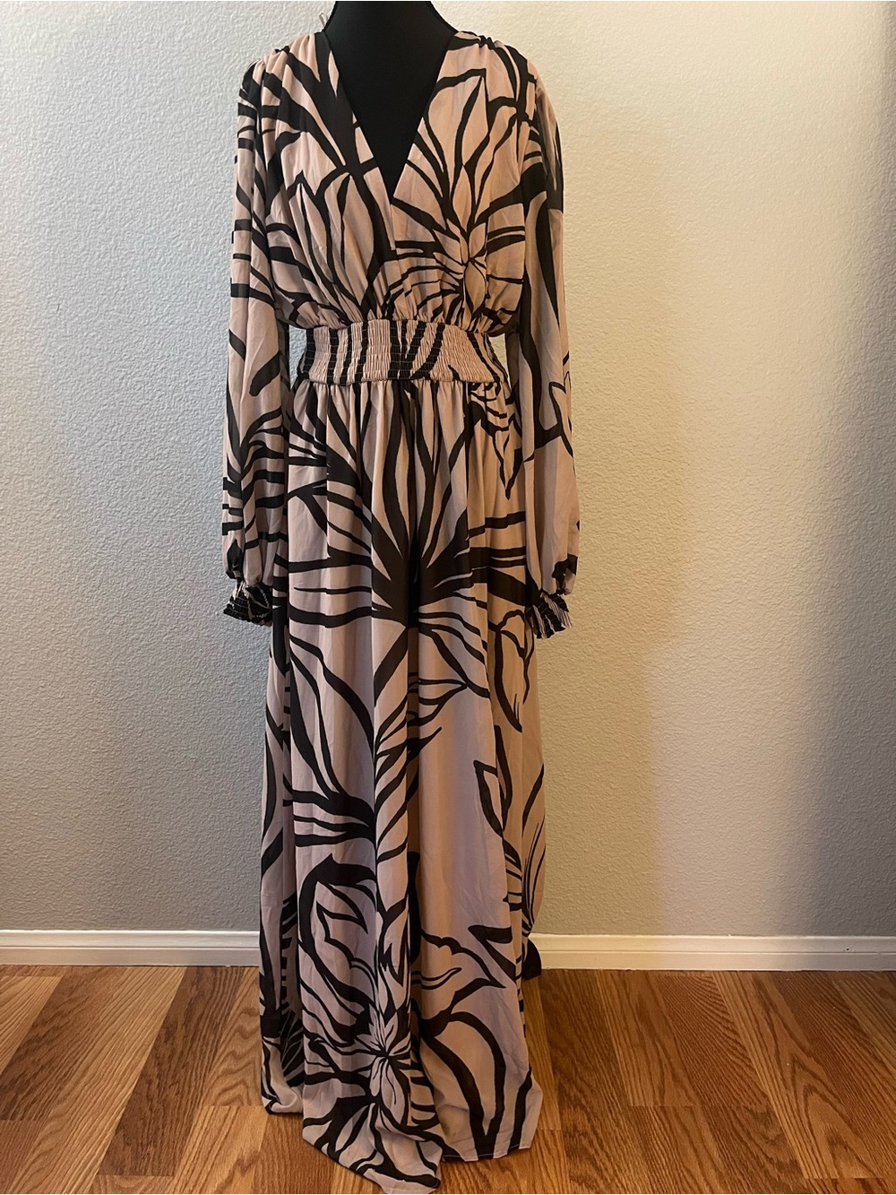 Flying Tomato Beige Maxi Dress with Black Floral Print
